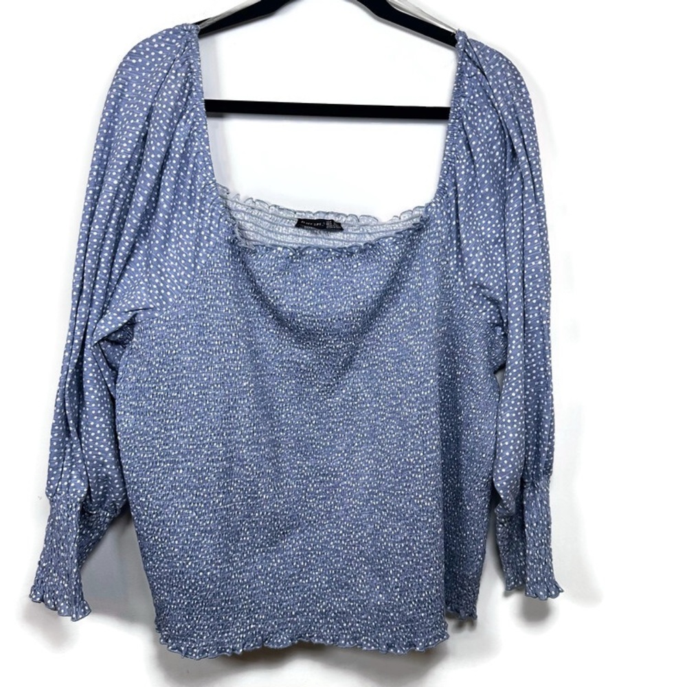 Blue Smocked Peasant Blouse 3x Cottagecore Milkmaid Off Shoulder Black Tape